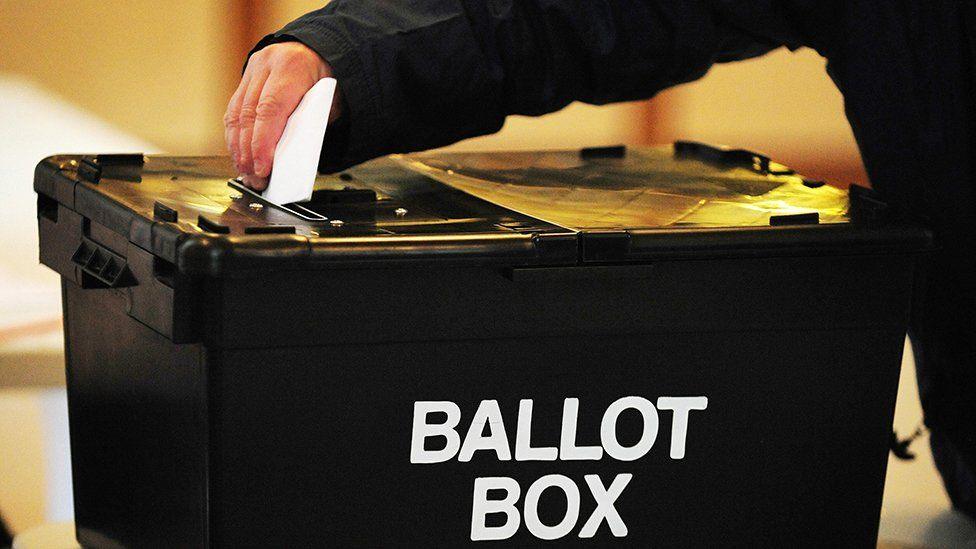 Person putting a piece of paper in a ballot box