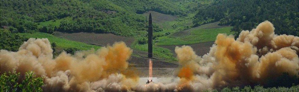 The intercontinental ballistic missile Hwasong-14 is seen during its test launch in this undated photo released by North Korea"s Korean Central News Agency (KCNA) in Pyongyang, July, 4 2017.