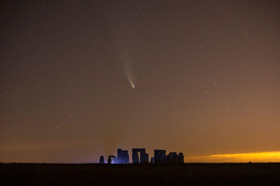 Comet NEOWISE passes over Stonehenge in the early hours of 21 July 2020 in Salisbury, England.