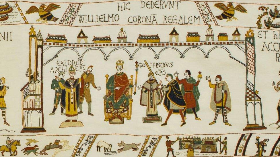 Alderney Tapestry showing the crowning of William, Duke of Normandy, as King of England