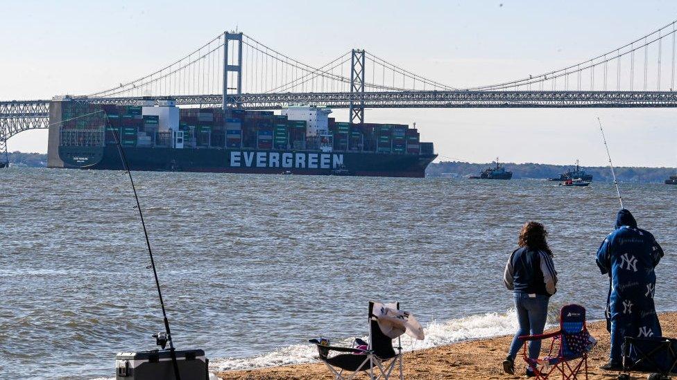 The Ever Forward vessel near the Chesapeake Bay Bridge