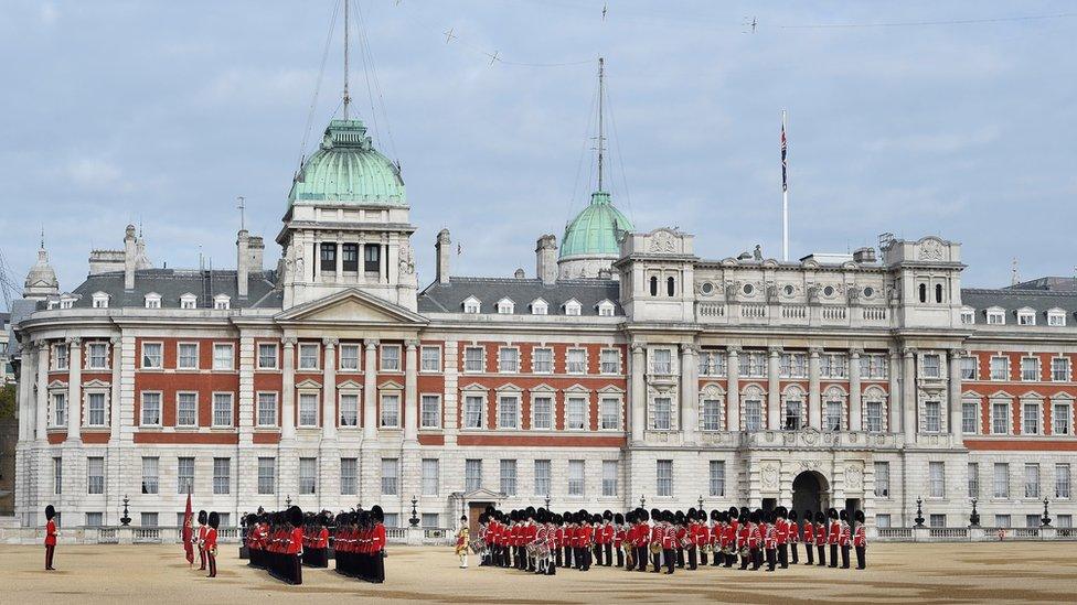 Ceremonial guards are being inspected as they wait for the arrival of the Chinese President Xi Jinping