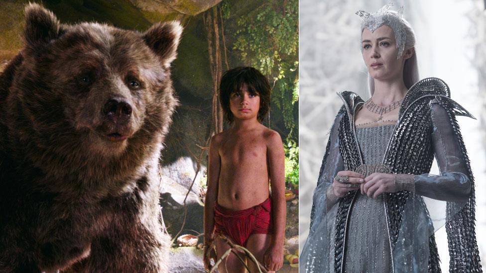 Neel Sethi with 'Baloo the Bear' in The Jungle Book and Emily Blunt in The Huntsman: Winter's War