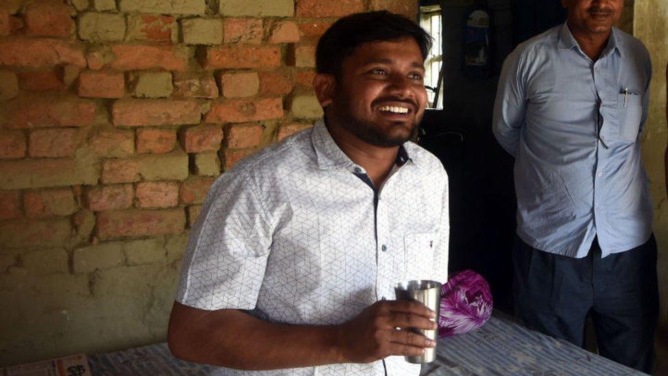 Kanhaiya Kumar CPI Candidate for Begusarai Lok Sabha seat meets with people in rural area on April 2, 2019 in Begusarai, India.