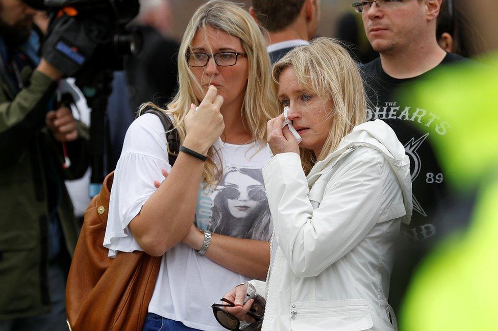 Onlookers react near the scene of an attack close to London Bridge in central London,