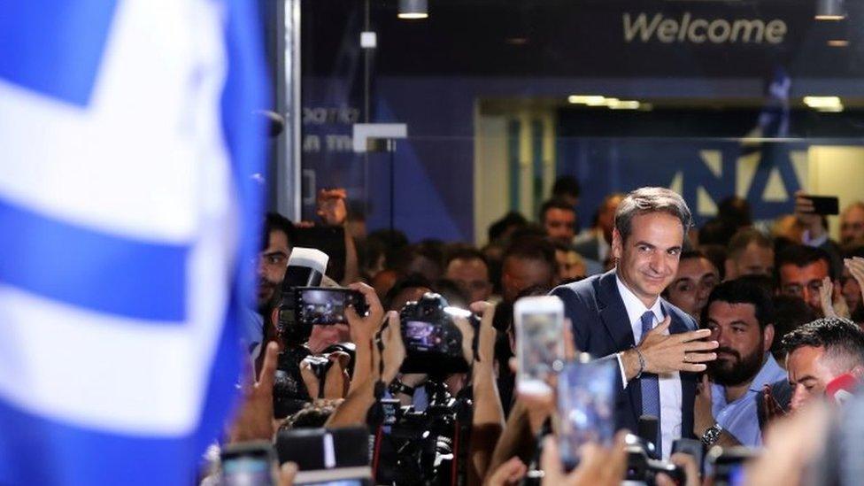 New Democracy leader Kyriakos Mitsotakis speaks at the party headquarters in Athens after Sunday's elections. Photo: 7 July 2019