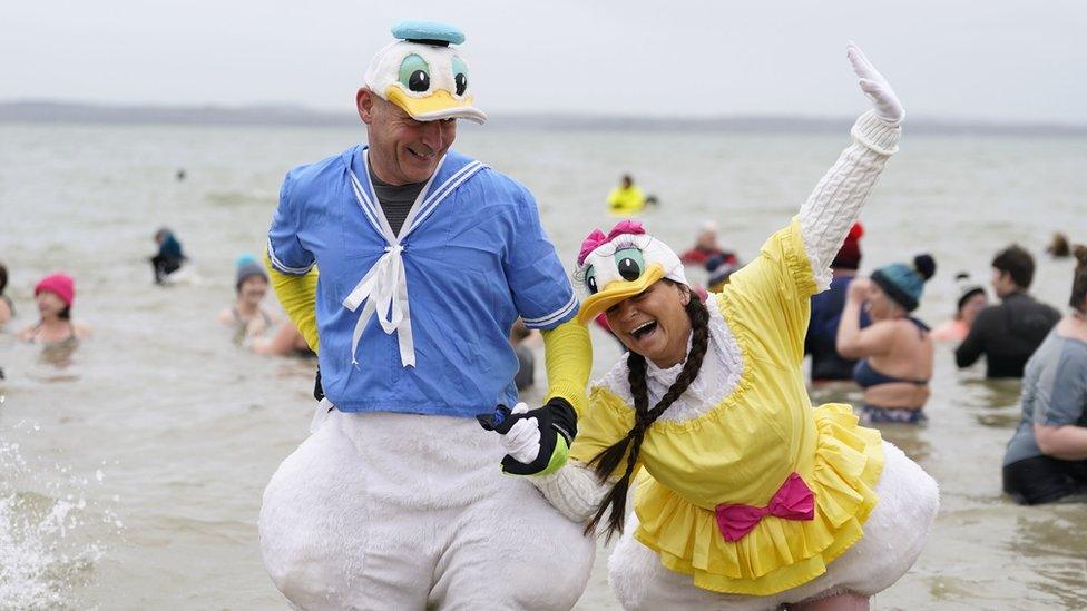 Gosport swimmers in fancy dress on New Year's Day