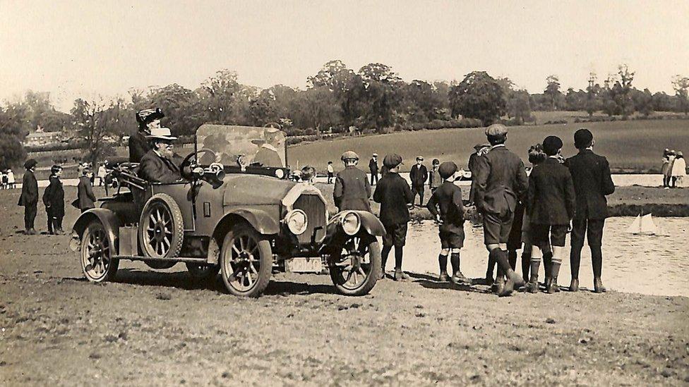 Inventor and park owner Charles Wicksteed in his car at Wicksteed Park