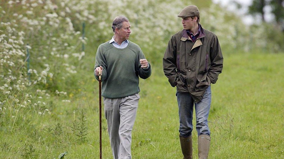 King Charles and Prince William, walking in a field