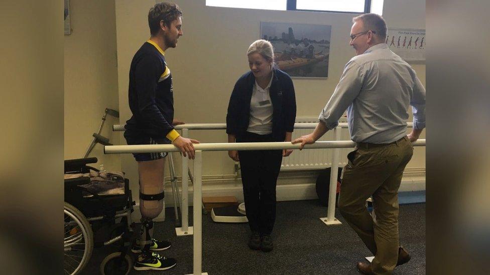 Shaun Whiter with physio Kat Sizer and prosthetist Jamie Gillespie