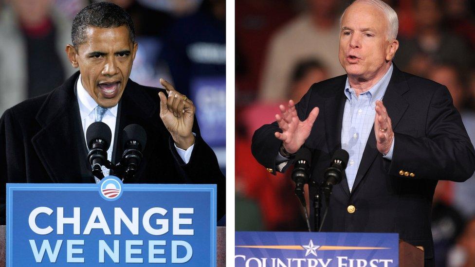 Barack Obama and John McCain campaigning in 2008.