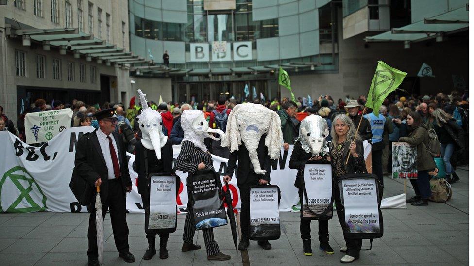 Protesters outside the entrance to the BBC in London during an Extinction Rebellion protest.