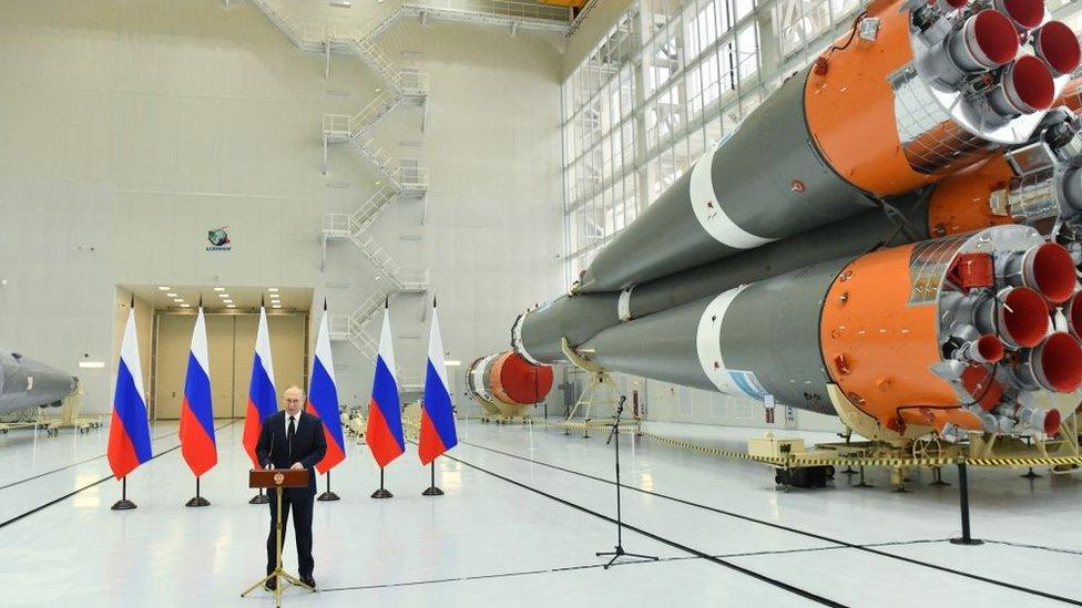 Vladimir Putin speaking at a Russian space centre