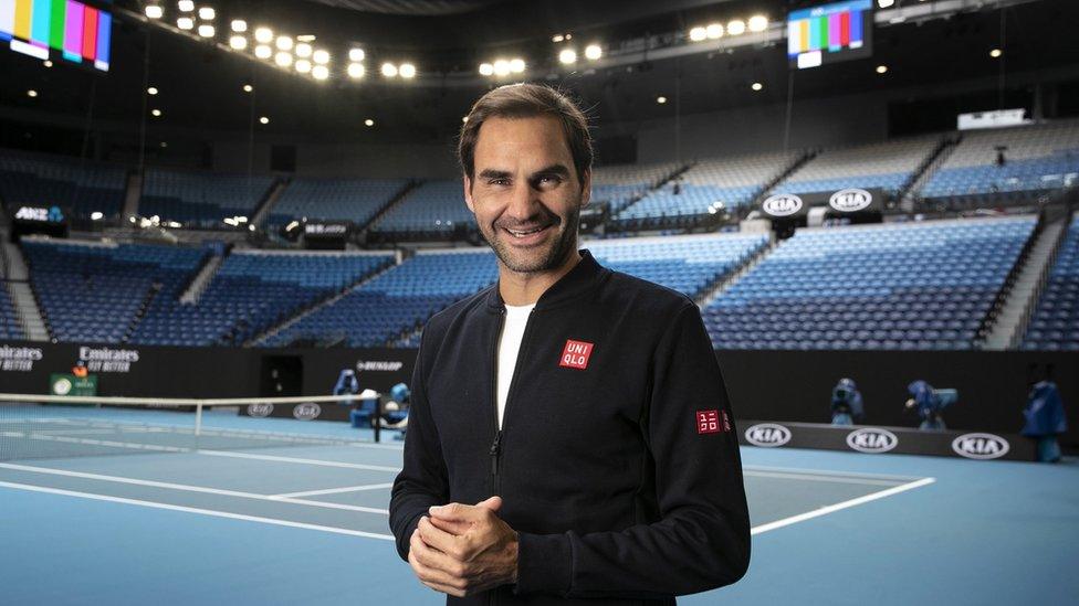 Roger Federer of Switzerland posing for a photo during a practice session ahead of the Australian Open tennis tournament at Rod Laver Arena in Melbourne, Victoria, Australia, 11 January 2020.