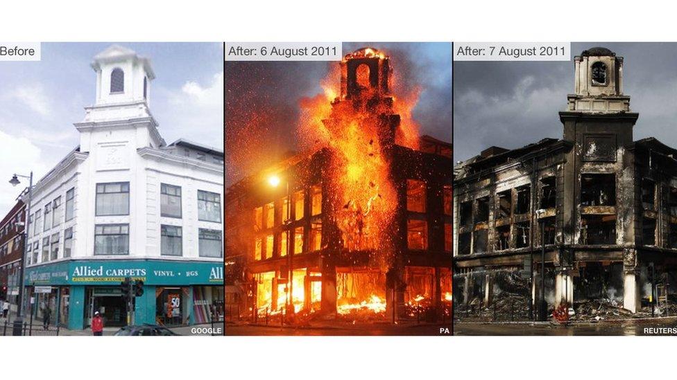 Before and after images of the riot-hit buildings