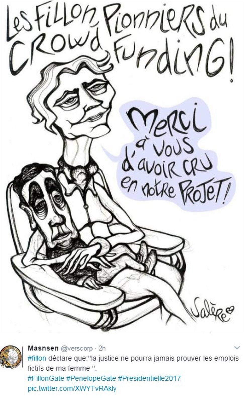 Drawing by artist Salere, which says the Fillons are pioneers of crowdfunding and has Penelope cradling Francois on her lap, saying 'Thanks for believing in us'