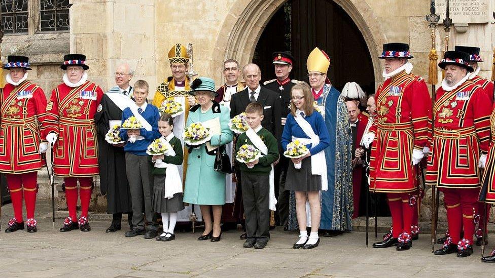 The Queen and Prince Phillip with other attendees of the Royal Maundy Service at St Edmundsbury Cathedral in 2009