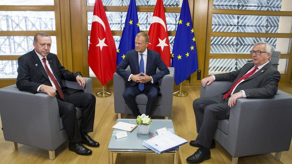 President Recep Tayyip Erdogan with Donald Tusk and Jean-Claude Juncker in May 2017