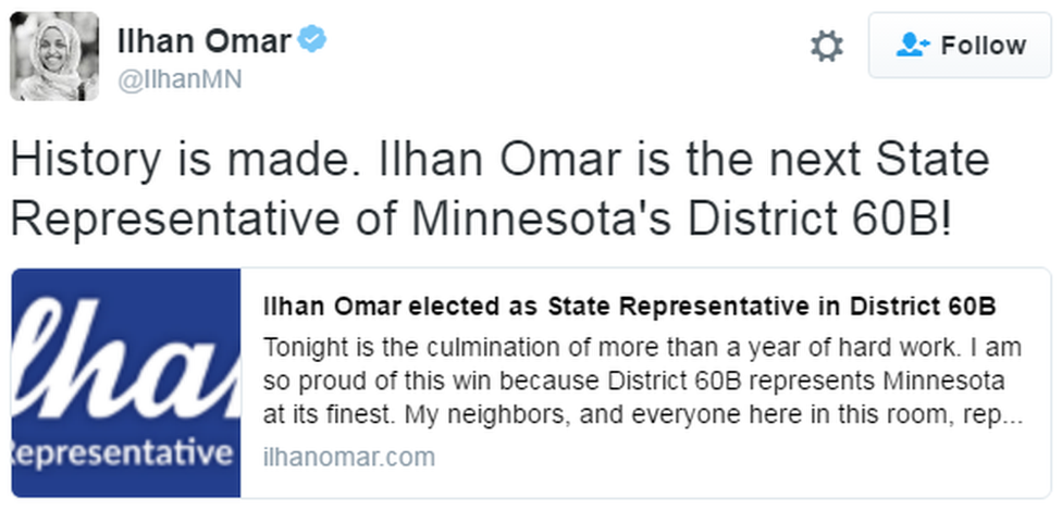 A tweet reads: "History is made. Ilhan Omar is the next State Representative of Minnesota's District 60B!"