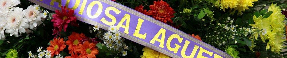 A floral tribute that reads "Goodbye war" is seen ahead of the signing of a historic ceasefire deal between the Colombian government and FARC rebels, at Bolivar Square in Bogota, Colombia, 23 June 2016.