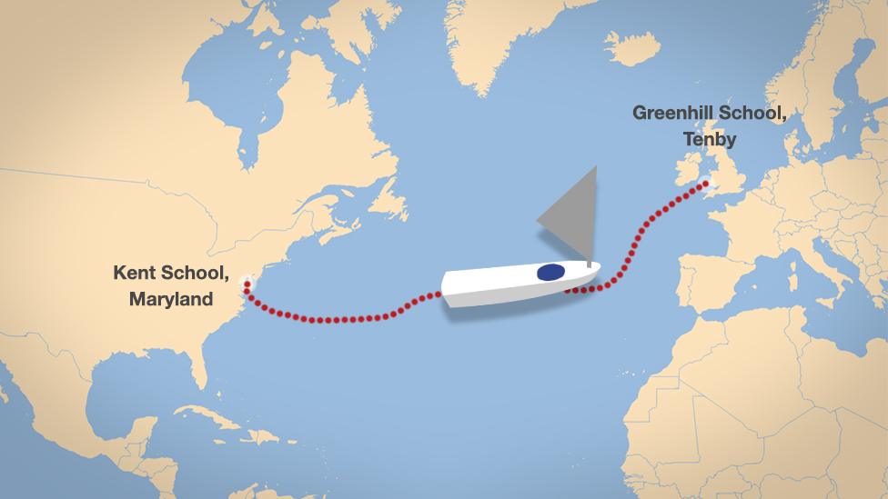 A map showing the boat's general route from the Maryland, in the US, to Tenby in Wales