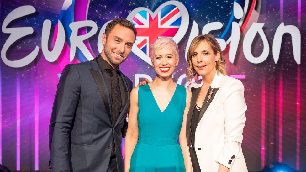 Mans Zelmerlow, SuRie, and Mel Giedroyc