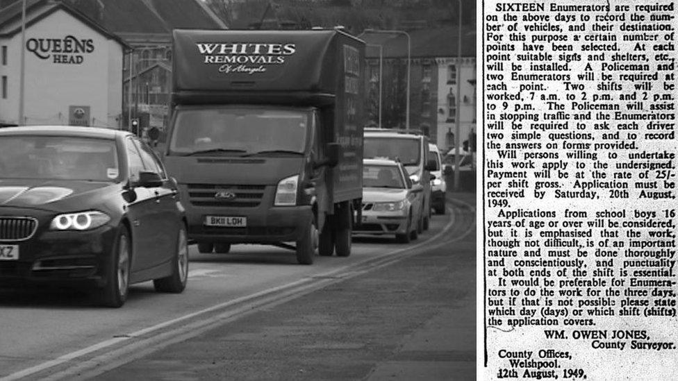 Black and white photo of traffic and public notice from 1949