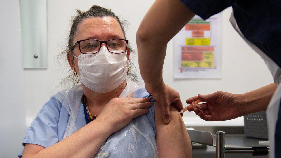 Nurse Sue Toye becomes one of the first people to receive the Oxford-AstraZeneca Covid-19 vaccine in a GP practice in England