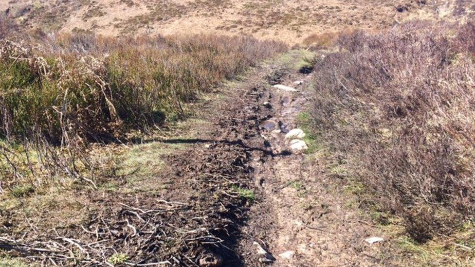 Heather is damaged by route users showing the peat which is then washed away