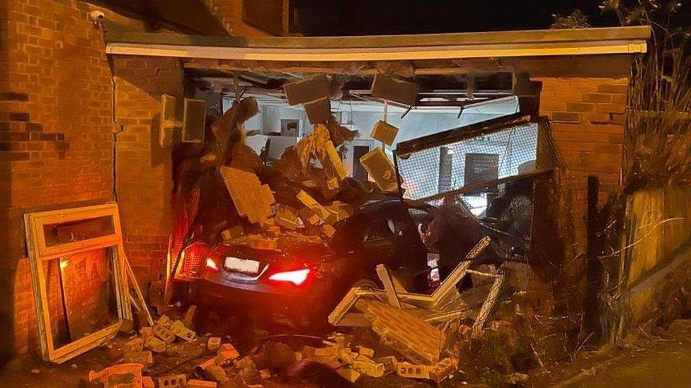 A car sits in rubble after crashing in Spennymoor