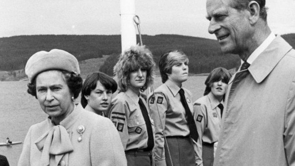 Queen Elizabeth II and Prince Philip officially opening Kielder Water, Northumberland, May 26, 1982