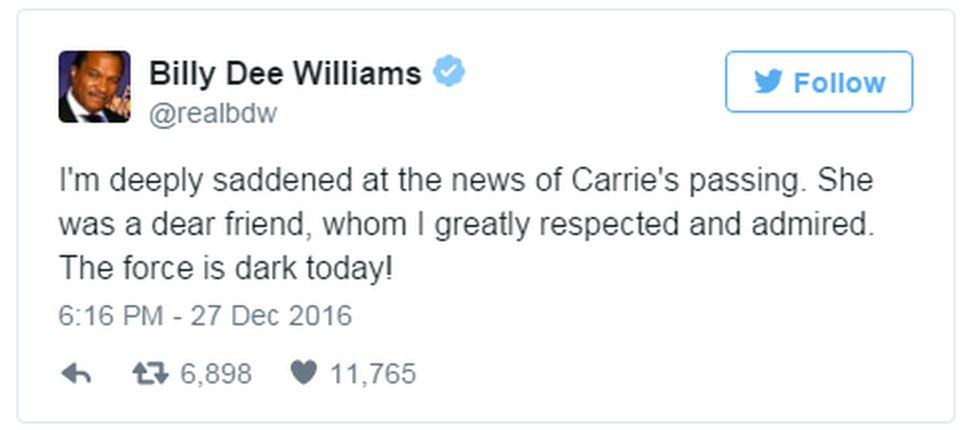 A tweet reads: "I'm deeply saddened at the news of Carrie's passing. She was a dear friend, whom I greatly respected and admired. The force is dark today!"