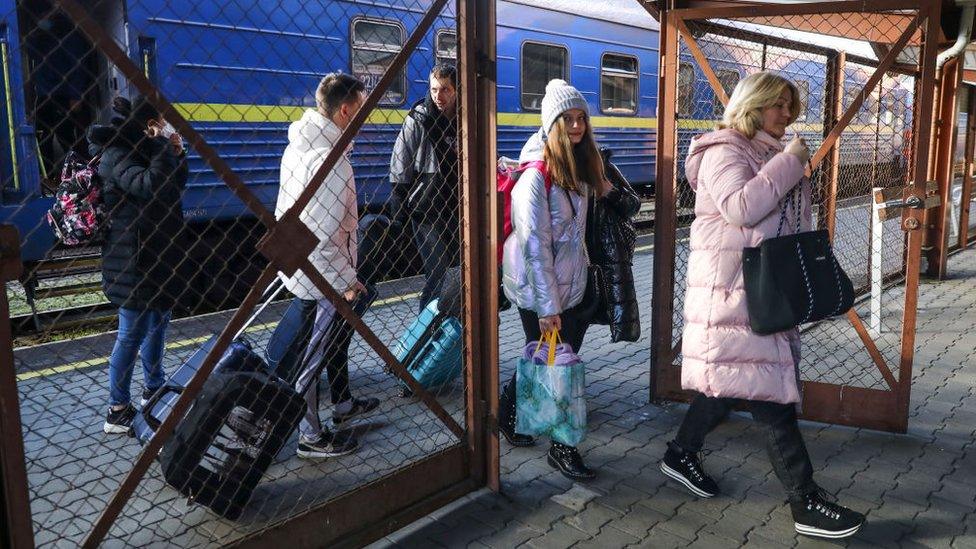 Passengers arrived on a train from Odessa via Lviv in Ukraine to the railway station in Przemysl, Poland on February 24, 2022.,