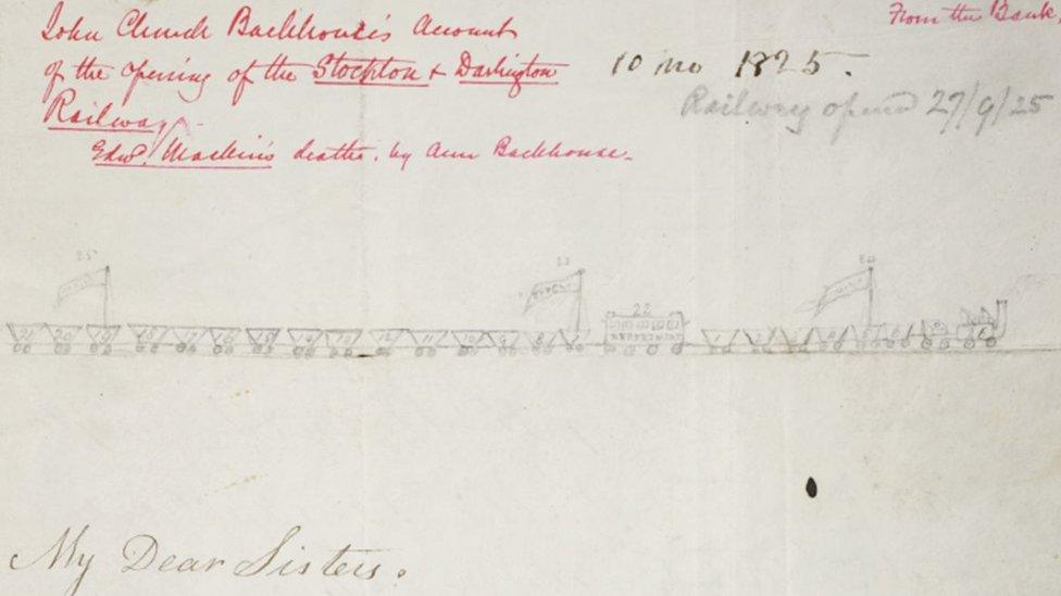 Sketch of first train with wagons on letter from Jonathan Backhouse