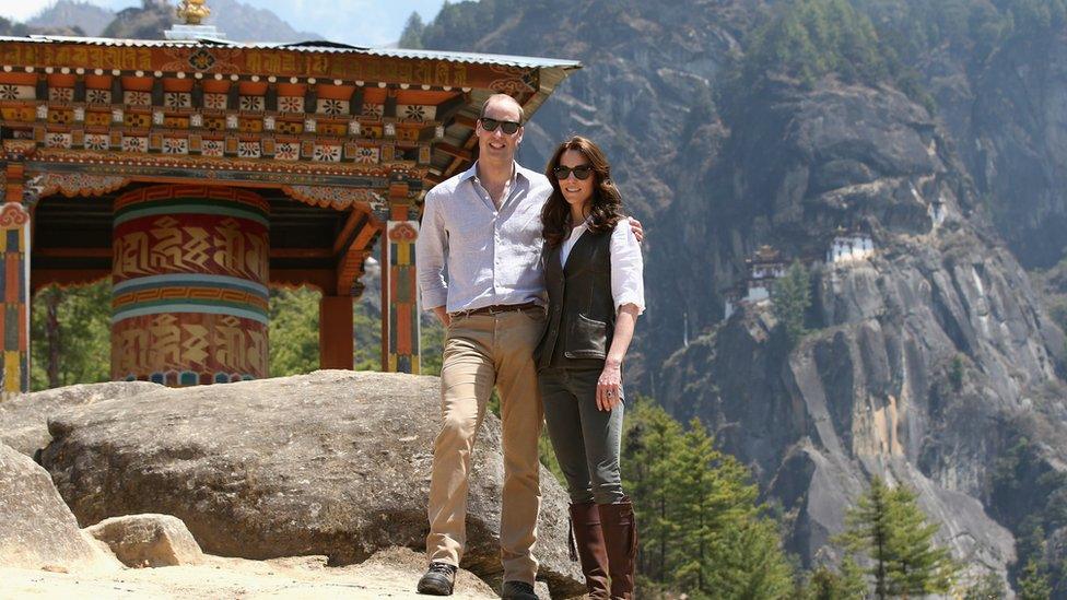 Duke and Duchess of Cambridge pose for photos on their way the Tiger's Nest Monastery, near Paro, Bhutan