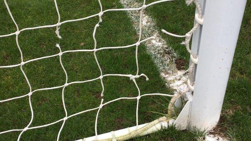 Football net damaged by rabbits