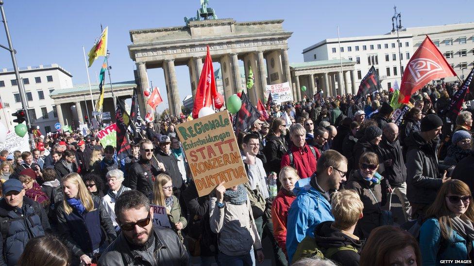 A protest rally in Berlin against a proposed EU-US trade pact