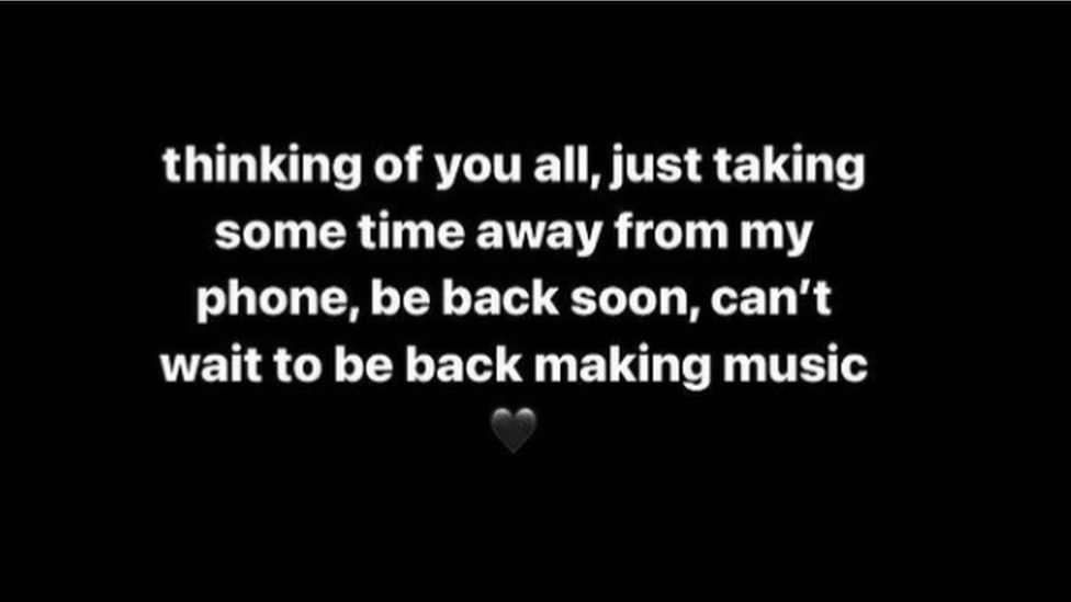 HRVY message saying "thinking of you all, just taking some time away from my phone, be back soon, can't wait to be back making music"