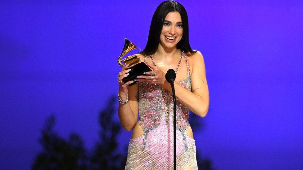 Dua Lipa accepts the Best Pop Vocal Album during the 63rd Annual Grammy Awards.