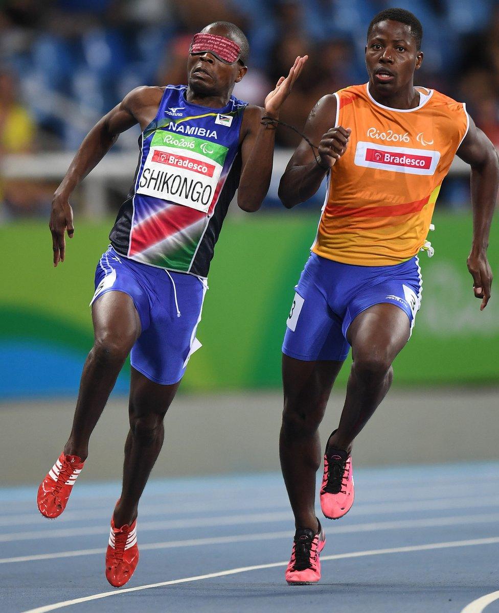 Namibia's Ananias Shikongo and his guide Even Tjiviju running in Rio, Brazil - Thursday 15 September 2016