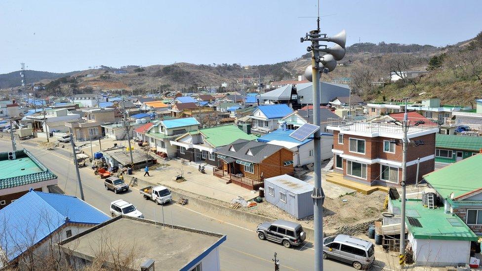 A loudspeaker is seen over South Korea-controlled Yeonpyeong (2013)