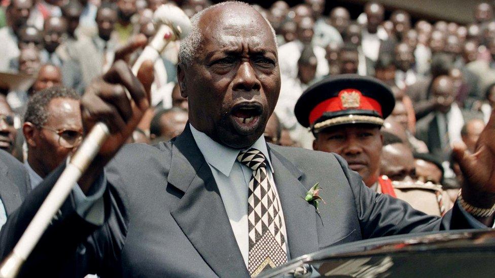 Kenya"s President Daniel Arap Moi addresses supporters of the ruling Kenya African National Union (KANU) at the its headquarters in Nairobi, August 19, 1997