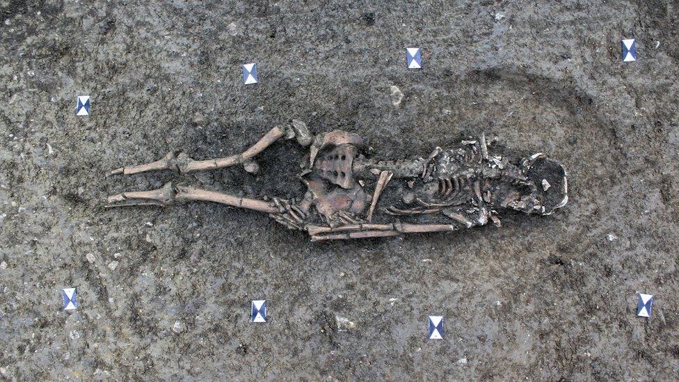 Skeleton lying on ground uncovered by archaeologists