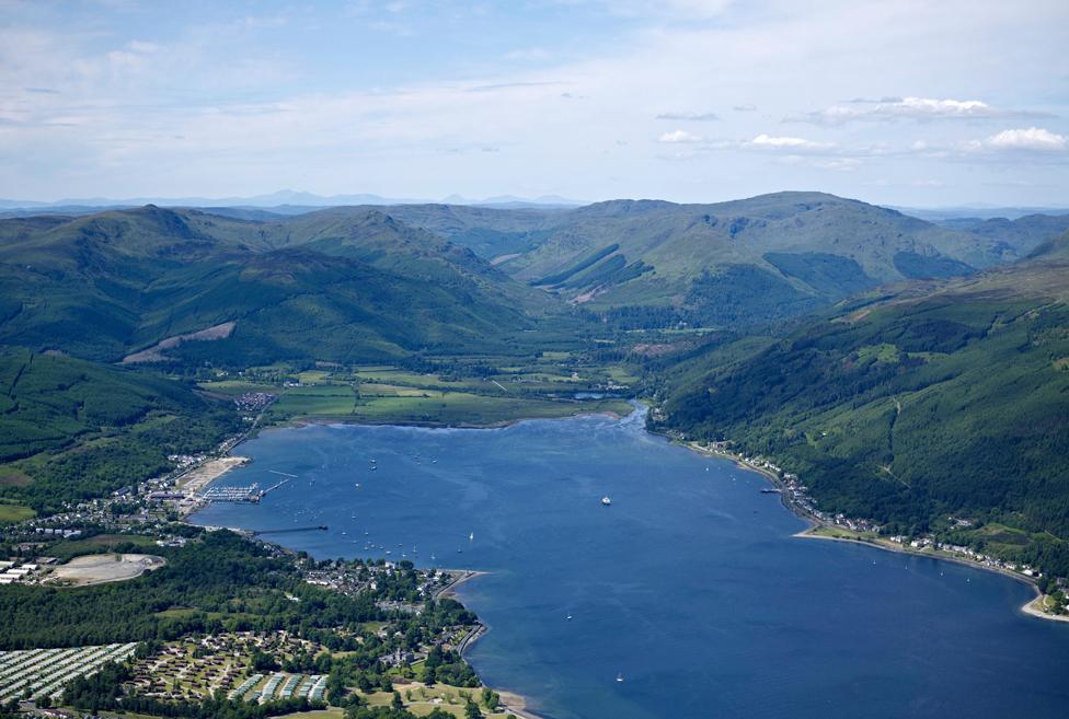 Sandbank and Holy Loch, Western Scotland with the Argyll forest and Trossachs behind