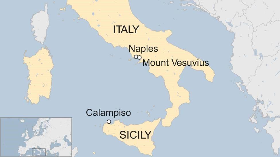 A BBC map showing the locations of Calampiso, Naples, and Mount Vesuvius