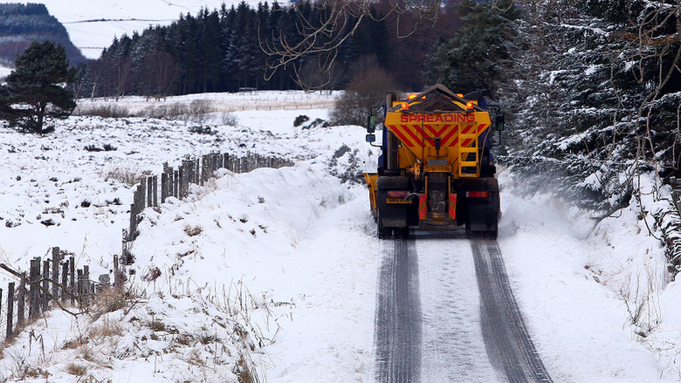 A gritting lorry on a snow-covered road in Perthshire