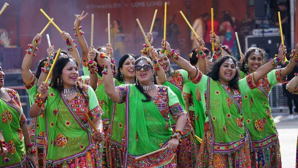 Dancers perform during the Diwali on the Square celebration, in Trafalgar Square,