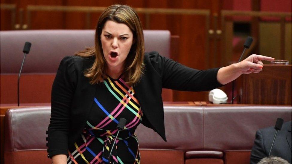 Sarah Hanson-Young speaks in the Senate, with her finger pointing sharply across the chamber