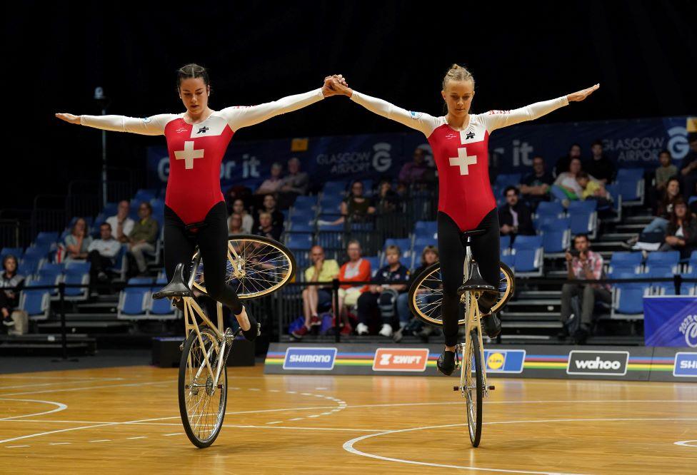 Switzerland compete in the Women’s Elite Artistic Cycling Pair Qualification on day nine of the 2023 UCI Cycling World Championships at the Emirates Arena, Glasgow