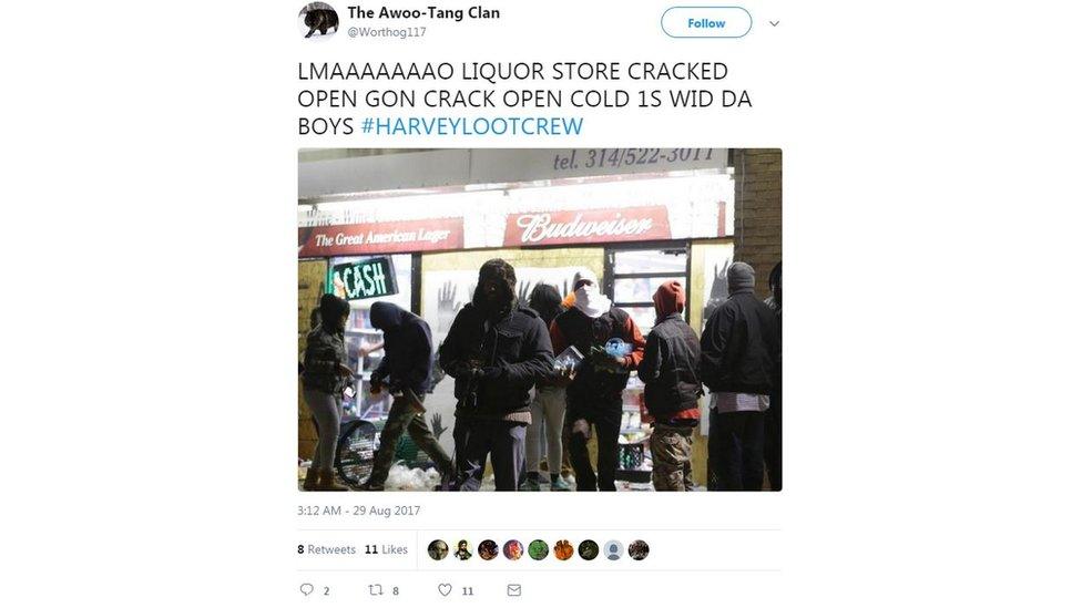 Another hoax photo purporting to be of looters in Houston shows men outside a shop. The giveaway is the the area code "314" - which denotes the St Louis area, 800 miles away